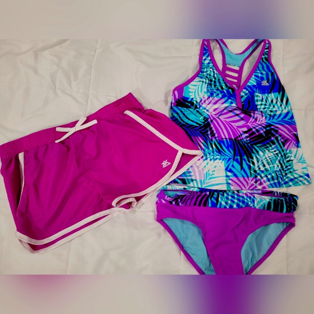 ZeroXposur girls 3 piece bathing suit tankini set & shorts size 14